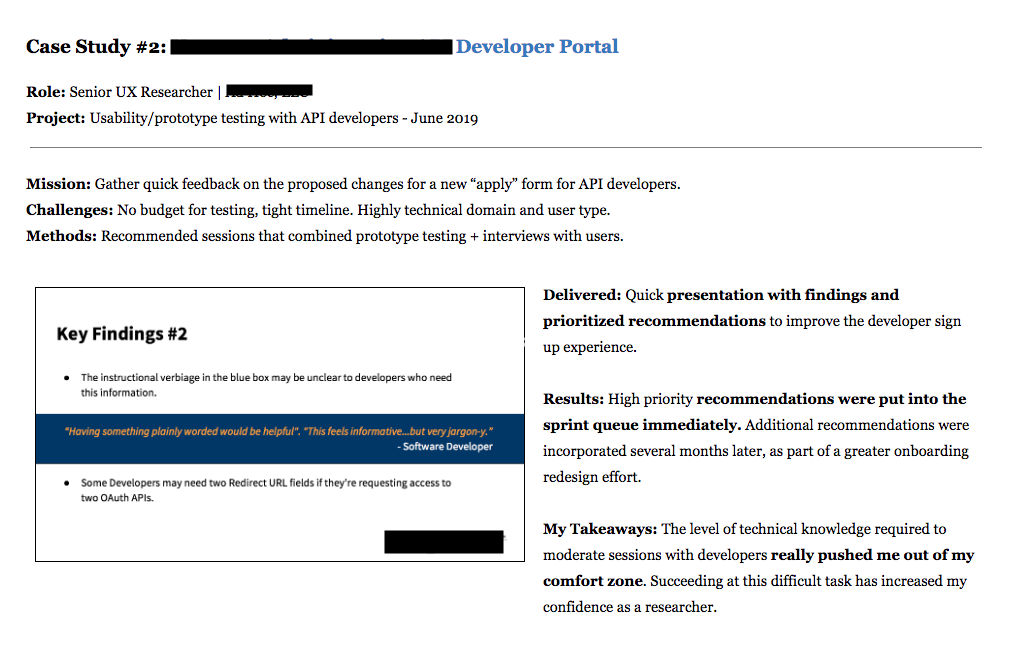 Case study screenshot for a developer's portal research study.
